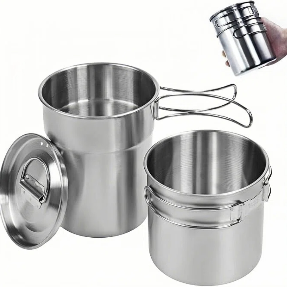 Camping Cooking Set Stainless Steel - Składane kubki kempingowe, naczynia kempingowe, garnek